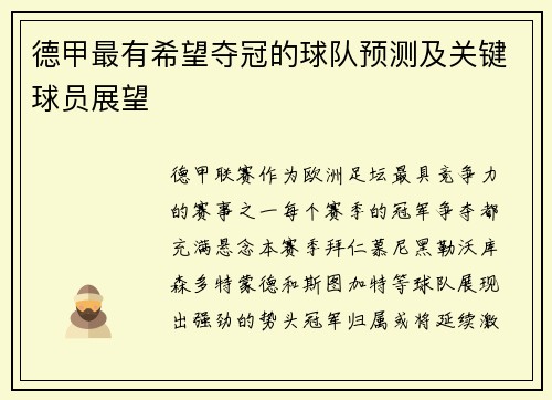 德甲最有希望夺冠的球队预测及关键球员展望