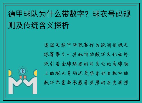德甲球队为什么带数字？球衣号码规则及传统含义探析