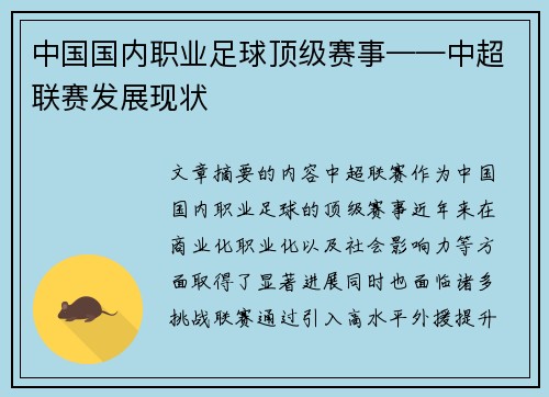 中国国内职业足球顶级赛事——中超联赛发展现状