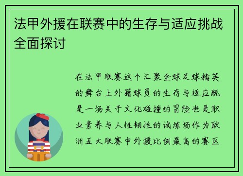 法甲外援在联赛中的生存与适应挑战全面探讨
